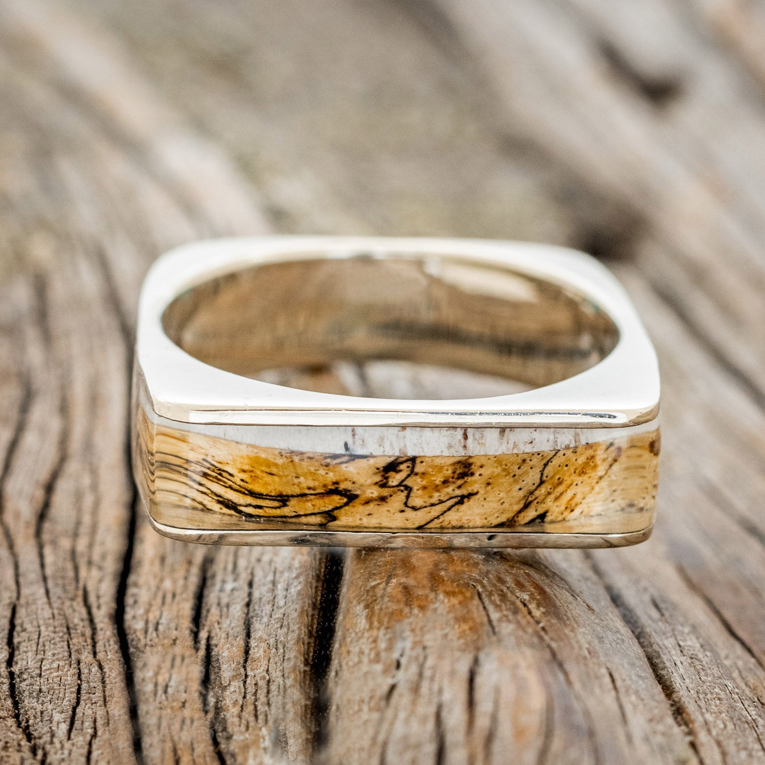 "MESA" - FLAT TOP SPALTED MAPLE & ELK ANTLER WEDDING RING-3
