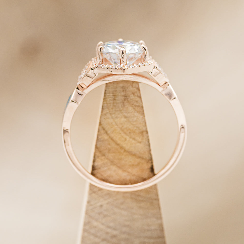 "LUCY IN THE SKY" - ROUND CUT MOISSANITE ENGAGEMENT RING WITH DIAMOND HALO & TURQUOISE INLAYS-11