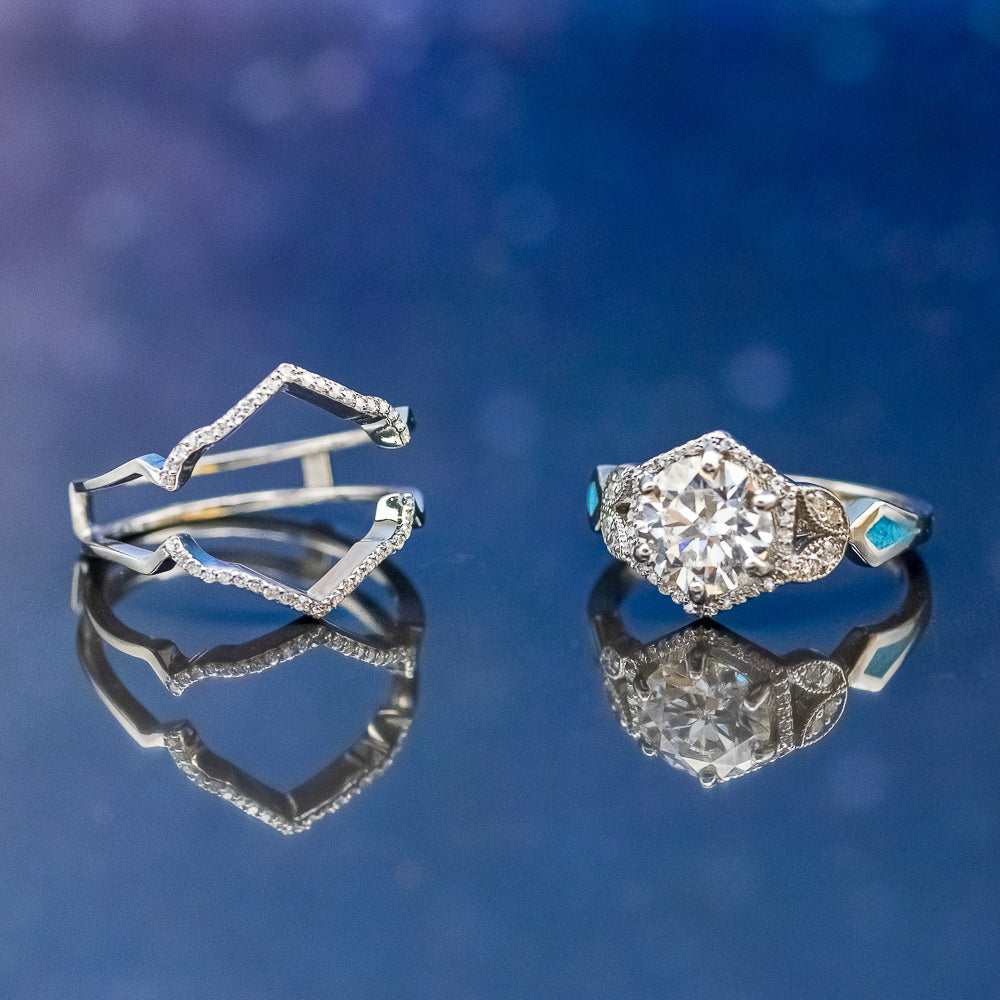 "LUCY IN THE SKY" - ROUND CUT MOISSANITE ENGAGEMENT RING WITH DIAMOND HALO, TURQUOISE INLAYS & A DIAMOND RING GUARD-5