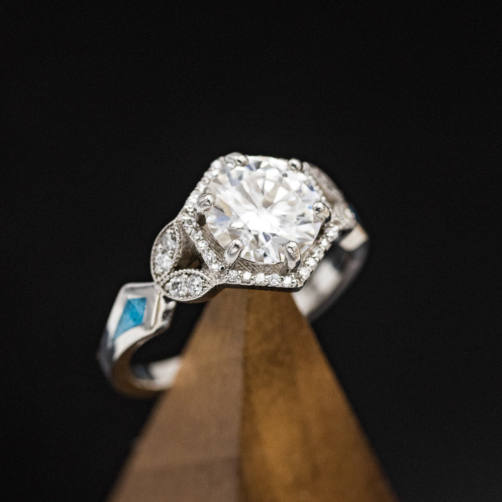 "LUCY IN THE SKY" - ROUND CUT MOISSANITE ENGAGEMENT RING WITH DIAMOND HALO, TURQUOISE INLAYS & A DIAMOND RING GUARD-6