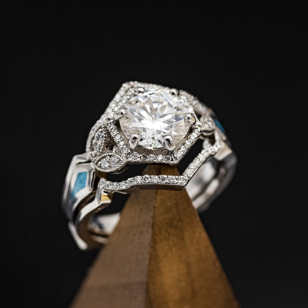 "LUCY IN THE SKY" - ROUND CUT MOISSANITE ENGAGEMENT RING WITH DIAMOND HALO, TURQUOISE INLAYS & A DIAMOND RING GUARD-4