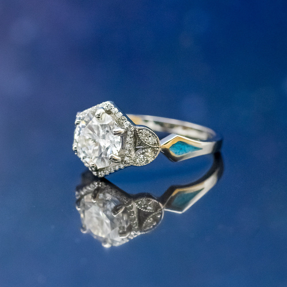 "LUCY IN THE SKY" - ROUND CUT MOISSANITE ENGAGEMENT RING WITH DIAMOND HALO, TURQUOISE INLAYS & A DIAMOND RING GUARD-8
