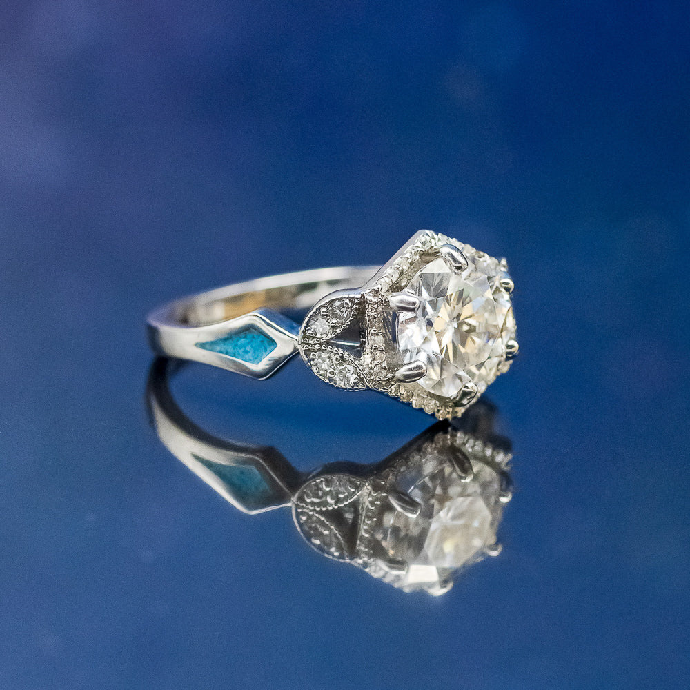 "LUCY IN THE SKY" - ROUND CUT MOISSANITE ENGAGEMENT RING WITH DIAMOND HALO, TURQUOISE INLAYS & A DIAMOND RING GUARD-7