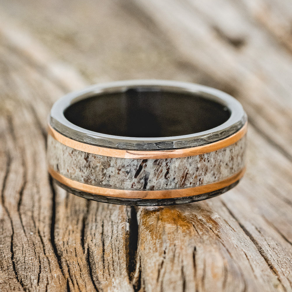 "HOLLIS" - ANTLER & 14K GOLD INLAYS WEDDING RING WITH A HAMMERED FINISH-6