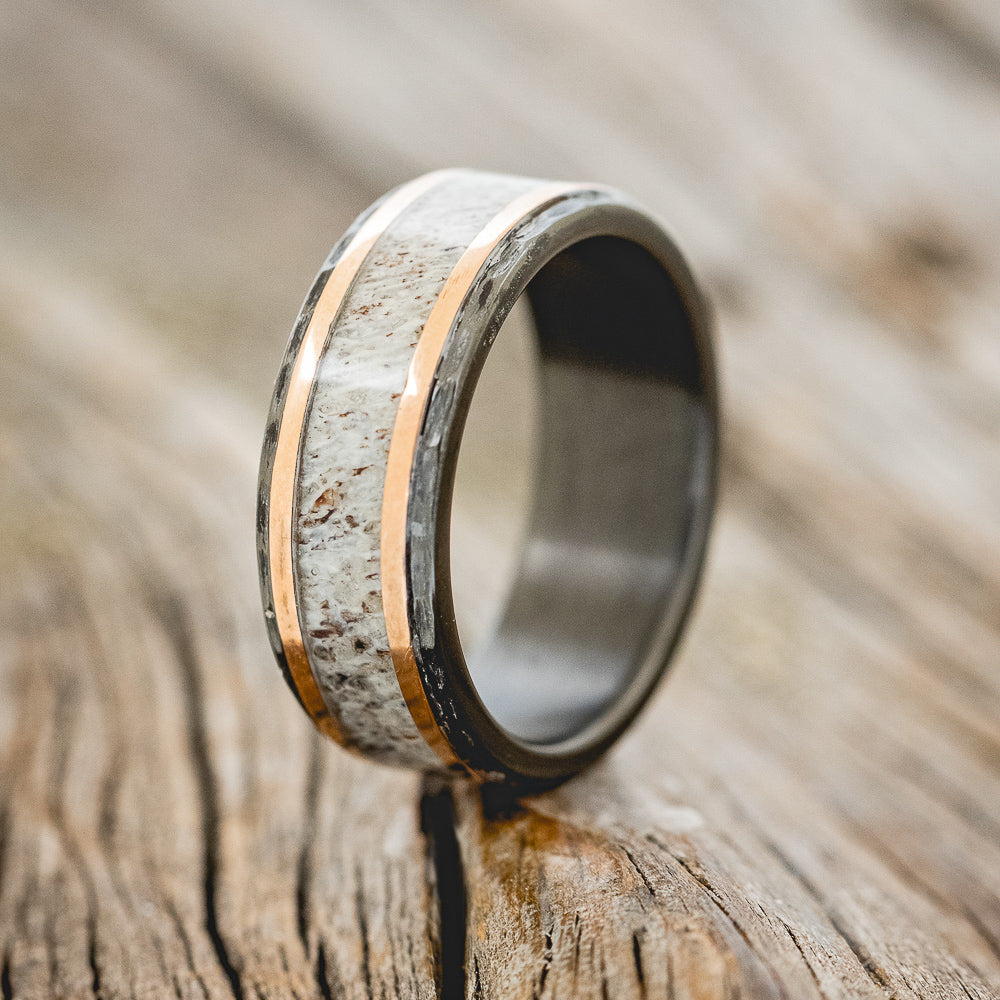 "HOLLIS" - ANTLER & 14K GOLD INLAYS WEDDING RING WITH A HAMMERED FINISH-4