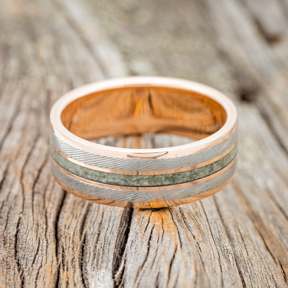 "RIO" - MOLDAVITE & DAMASCUS STEEL INLAYS WEDDING RING FEATURING A 14K GOLD BAND-3