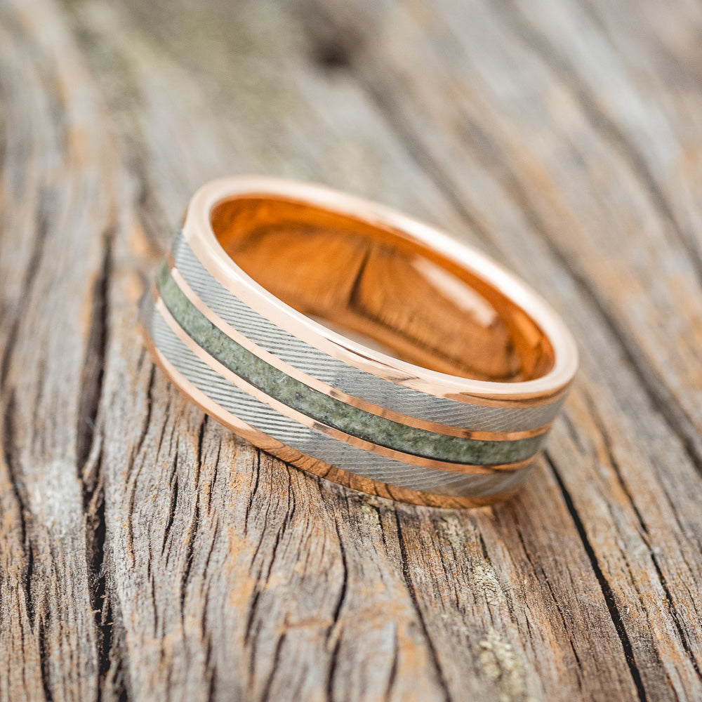 "RIO" - MOLDAVITE & DAMASCUS STEEL INLAYS WEDDING RING FEATURING A 14K GOLD BAND-2