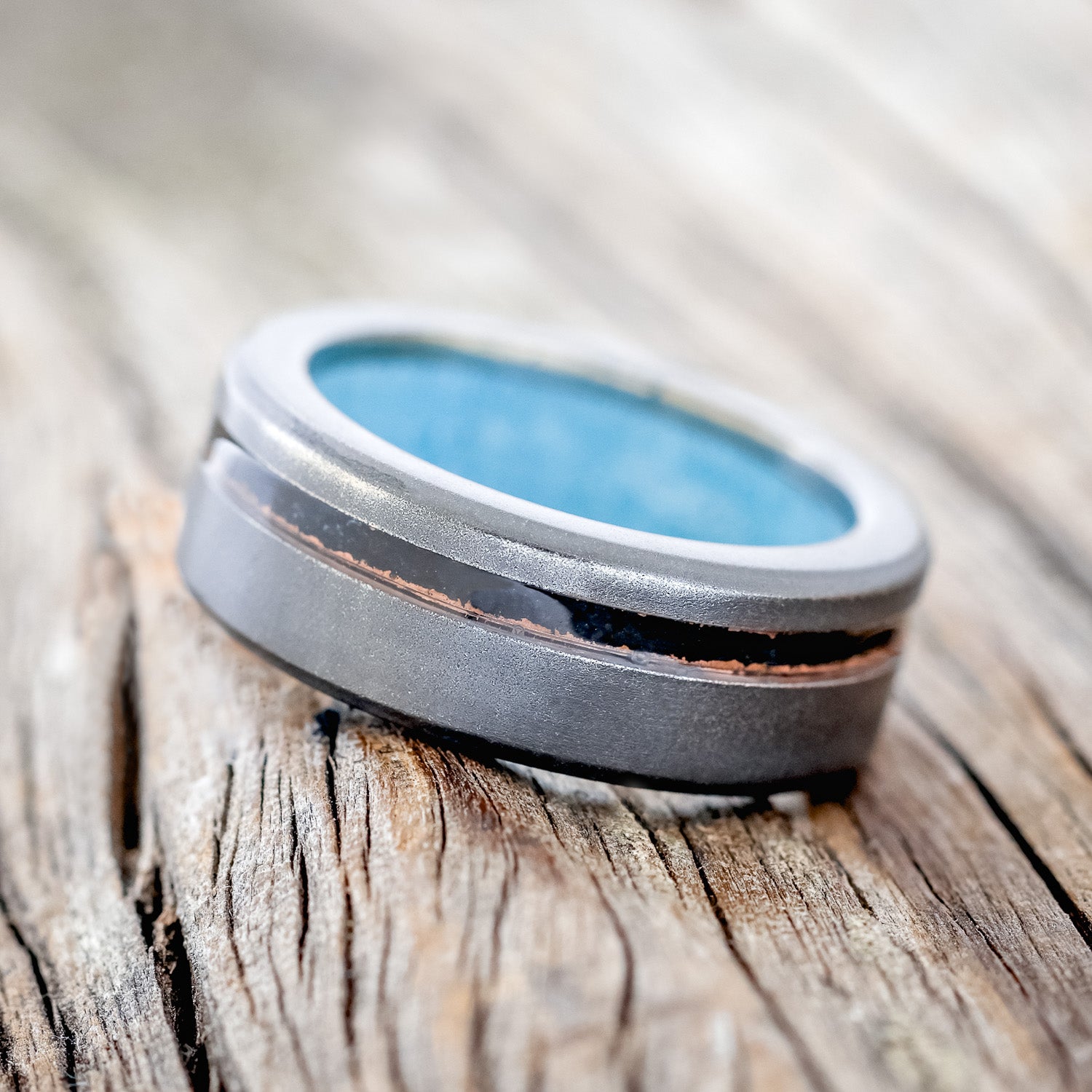 "VERTIGO" - PATINA COPPER INLAY WEDDING RING FEATURING A TURQUOISE LINING & SANDBLASTED FINISH-8