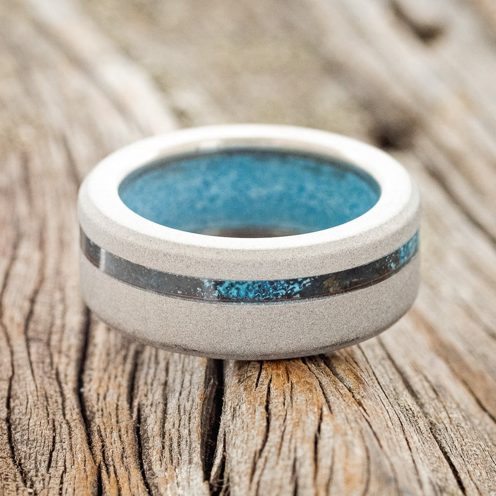 "VERTIGO" - PATINA COPPER INLAY WEDDING RING FEATURING A TURQUOISE LINING & SANDBLASTED FINISH-5