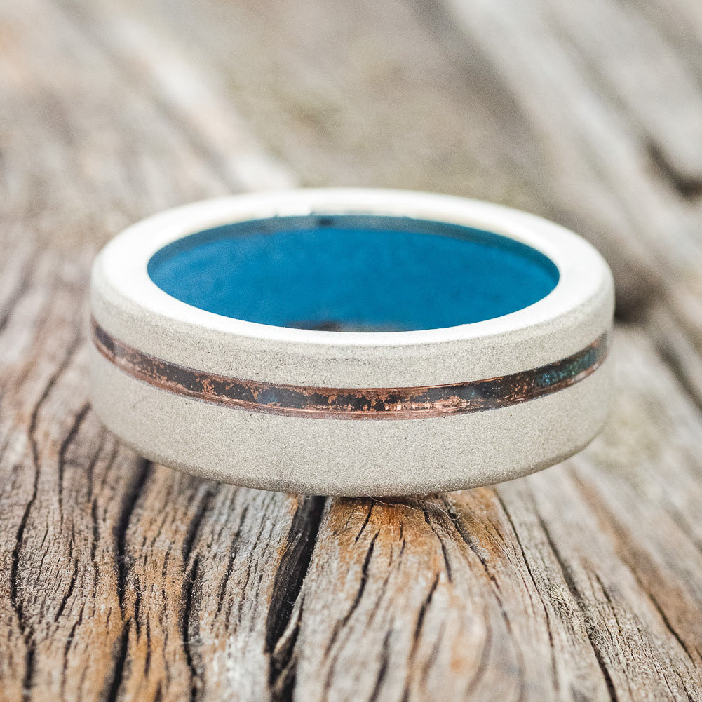 "VERTIGO" - PATINA COPPER INLAY WEDDING RING FEATURING A TURQUOISE LINING & SANDBLASTED FINISH-21