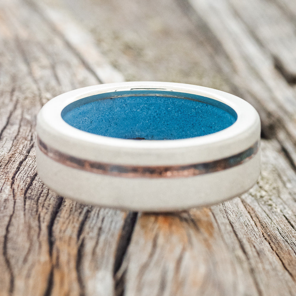 "VERTIGO" - PATINA COPPER INLAY WEDDING RING FEATURING A TURQUOISE LINING & SANDBLASTED FINISH-22