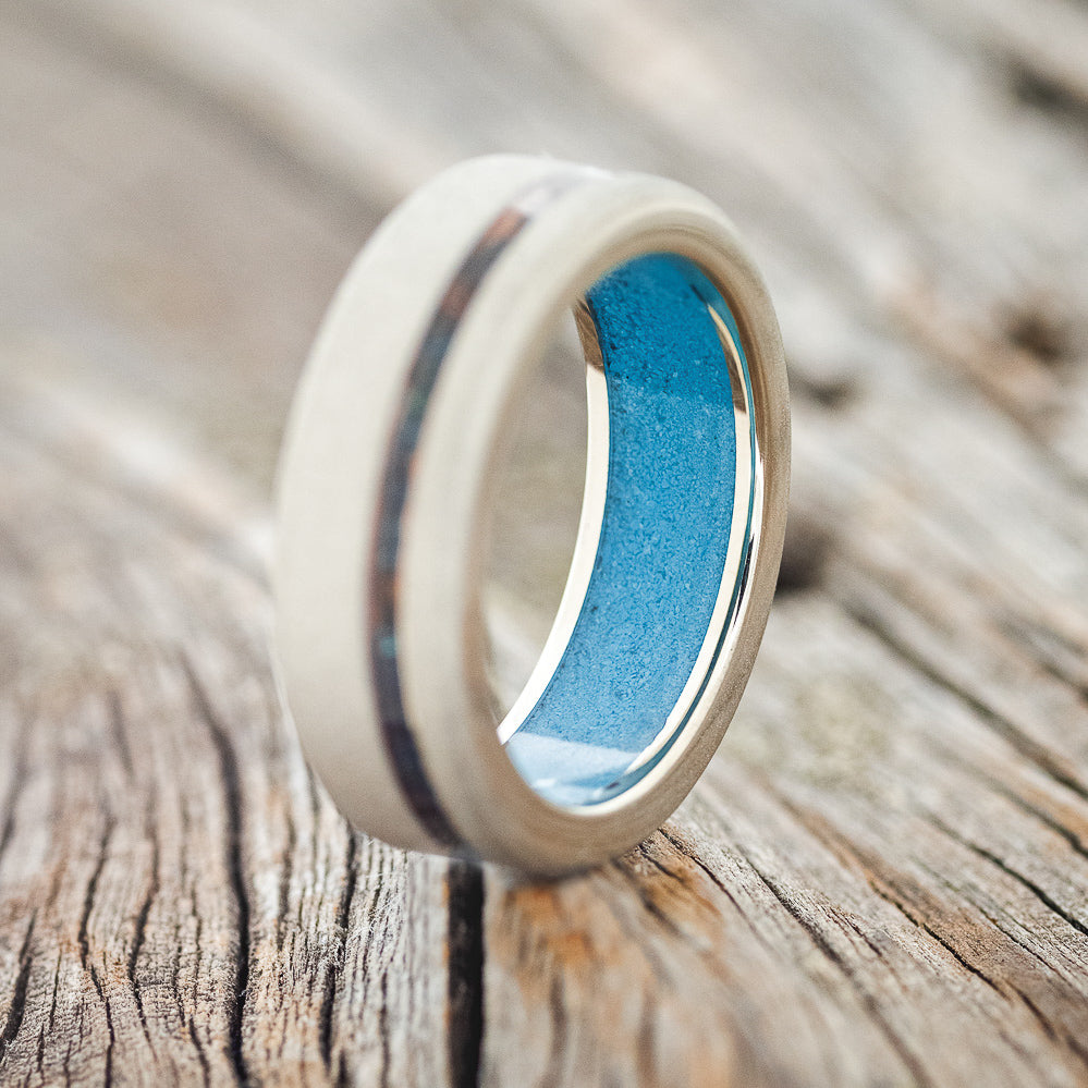 "VERTIGO" - PATINA COPPER INLAY WEDDING RING FEATURING A TURQUOISE LINING & SANDBLASTED FINISH-18