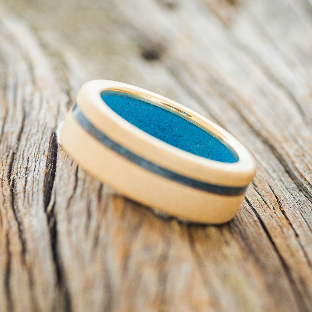 "VERTIGO" - PATINA COPPER INLAY WEDDING RING FEATURING A TURQUOISE LINING & SANDBLASTED FINISH-14