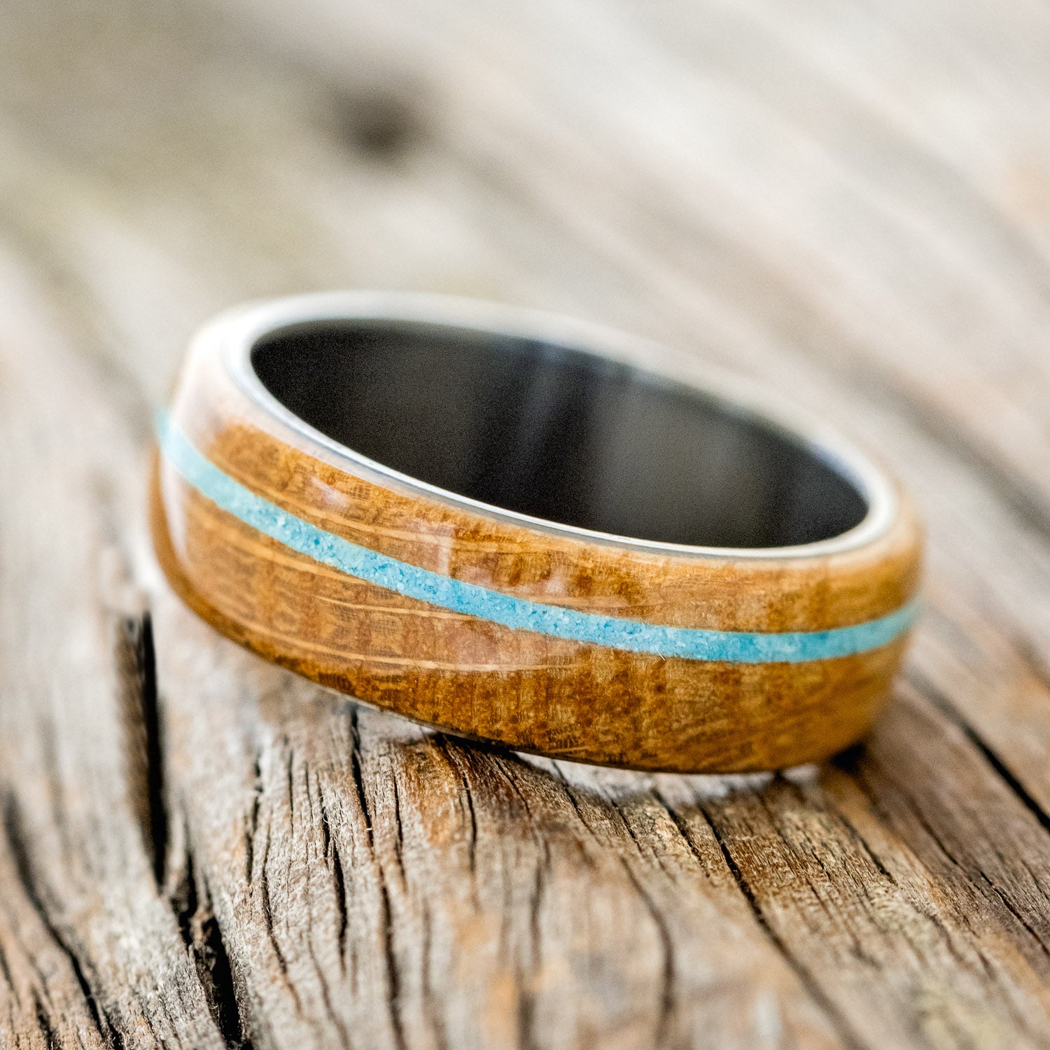 "REMMY" - WHISKEY BARREL OAK & TURQUOISE WEDDING BAND-5
