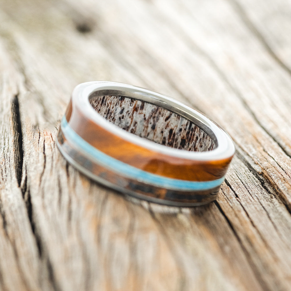 "ELEMENT" - IRONWOOD, PATINA COPPER & TURQUOISE WEDDING RING FEATURING AN ANTLER LINED BAND-10