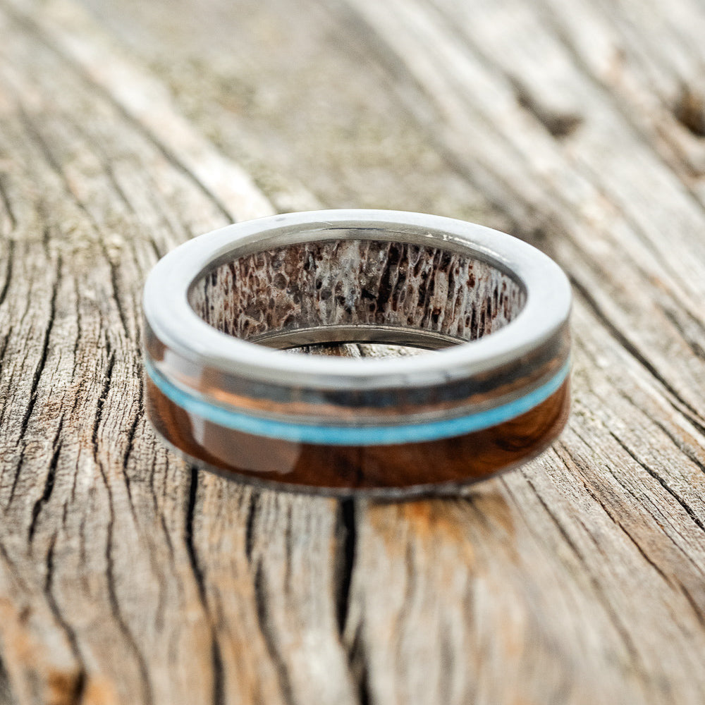 "ELEMENT" - IRONWOOD, PATINA COPPER & TURQUOISE WEDDING RING FEATURING AN ANTLER LINED BAND-12