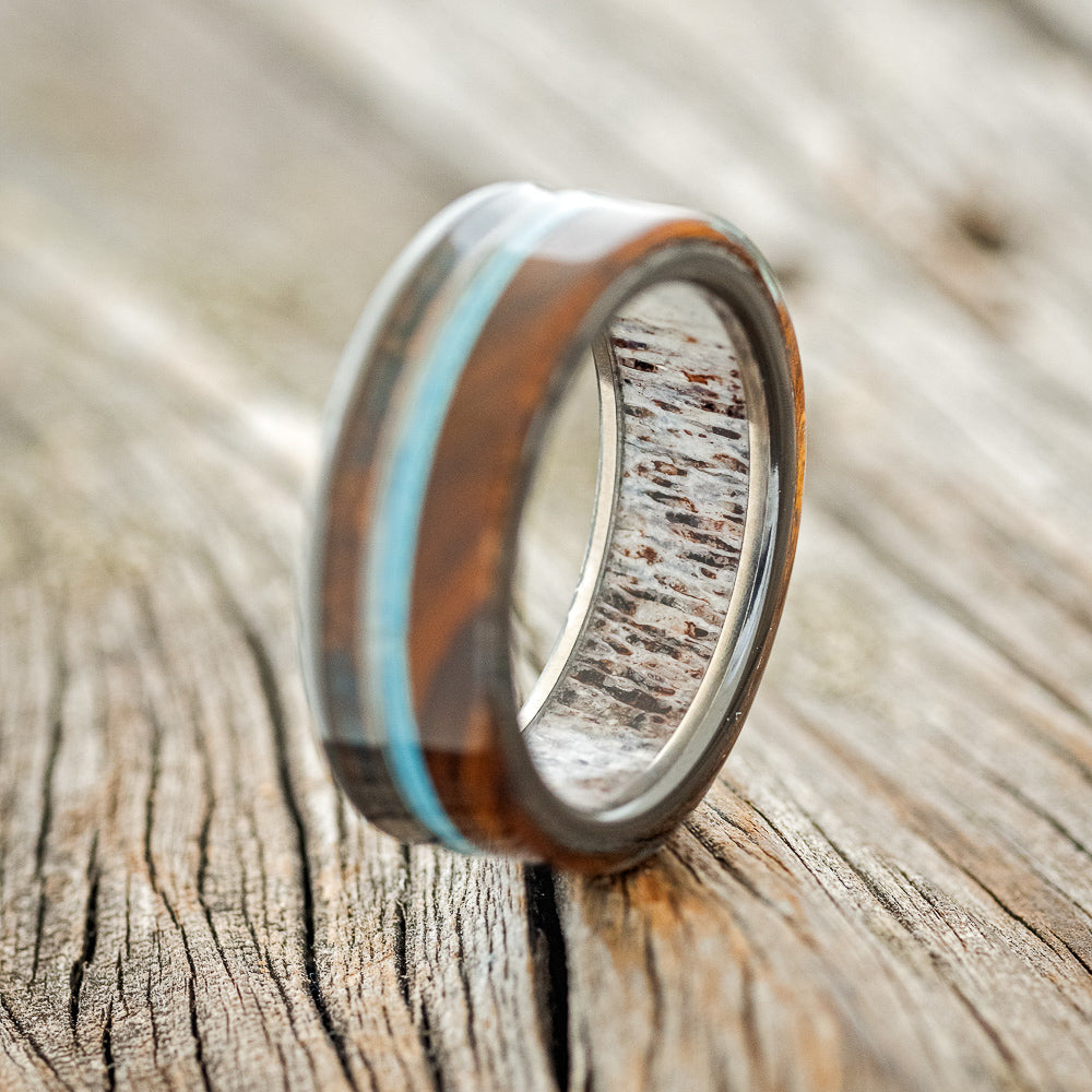 "ELEMENT" - IRONWOOD, PATINA COPPER & TURQUOISE WEDDING RING FEATURING AN ANTLER LINED BAND-8