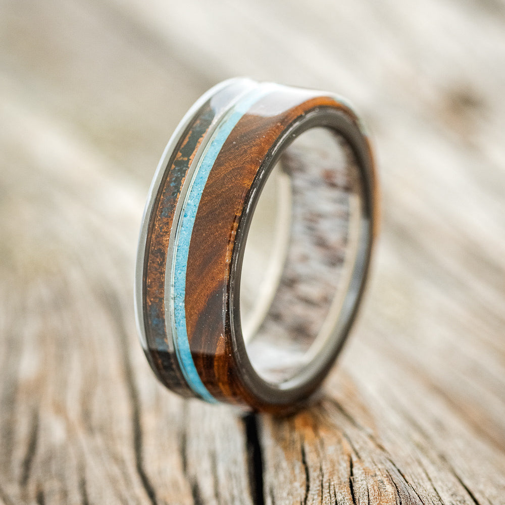 "ELEMENT" - IRONWOOD, PATINA COPPER & TURQUOISE WEDDING RING FEATURING AN ANTLER LINED BAND-7