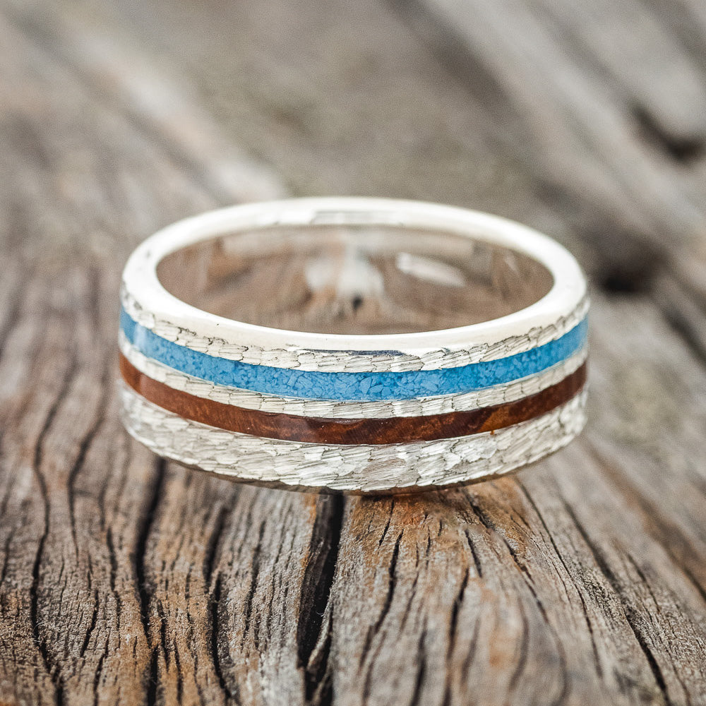 "COSMO" - IRONWOOD & TURQUOISE WEDDING RING WITH HAMMERED FINISH-6