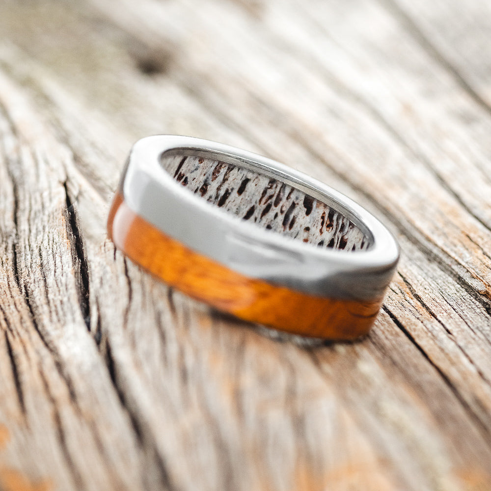 "LEDGER" - IRONWOOD WEDDING RING FEATURING AN ANTLER LINED BLACK ZIRCONIUM BAND-4