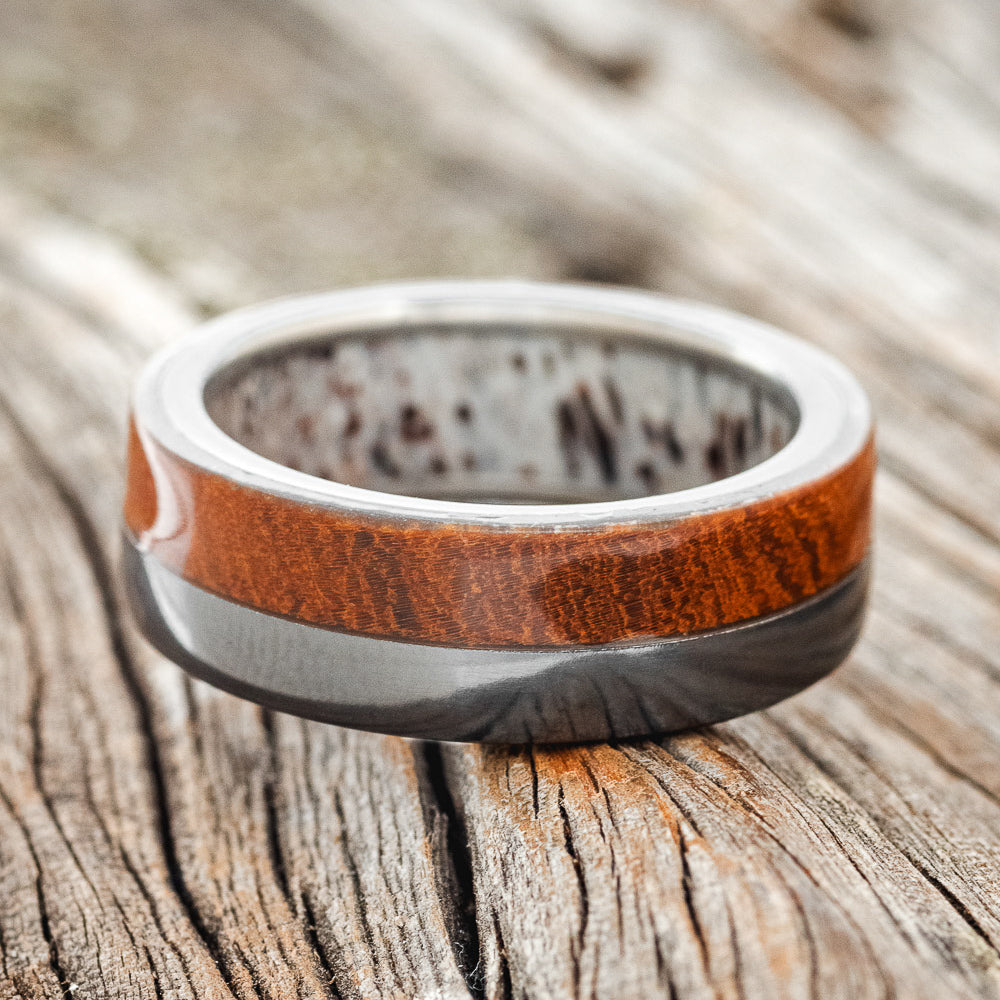 "LEDGER" - IRONWOOD WEDDING RING FEATURING AN ANTLER LINED BLACK ZIRCONIUM BAND-5