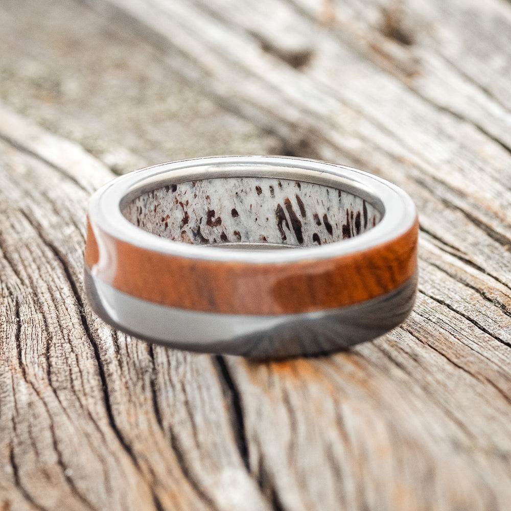 "LEDGER" - IRONWOOD WEDDING RING FEATURING AN ANTLER LINED BLACK ZIRCONIUM BAND-6