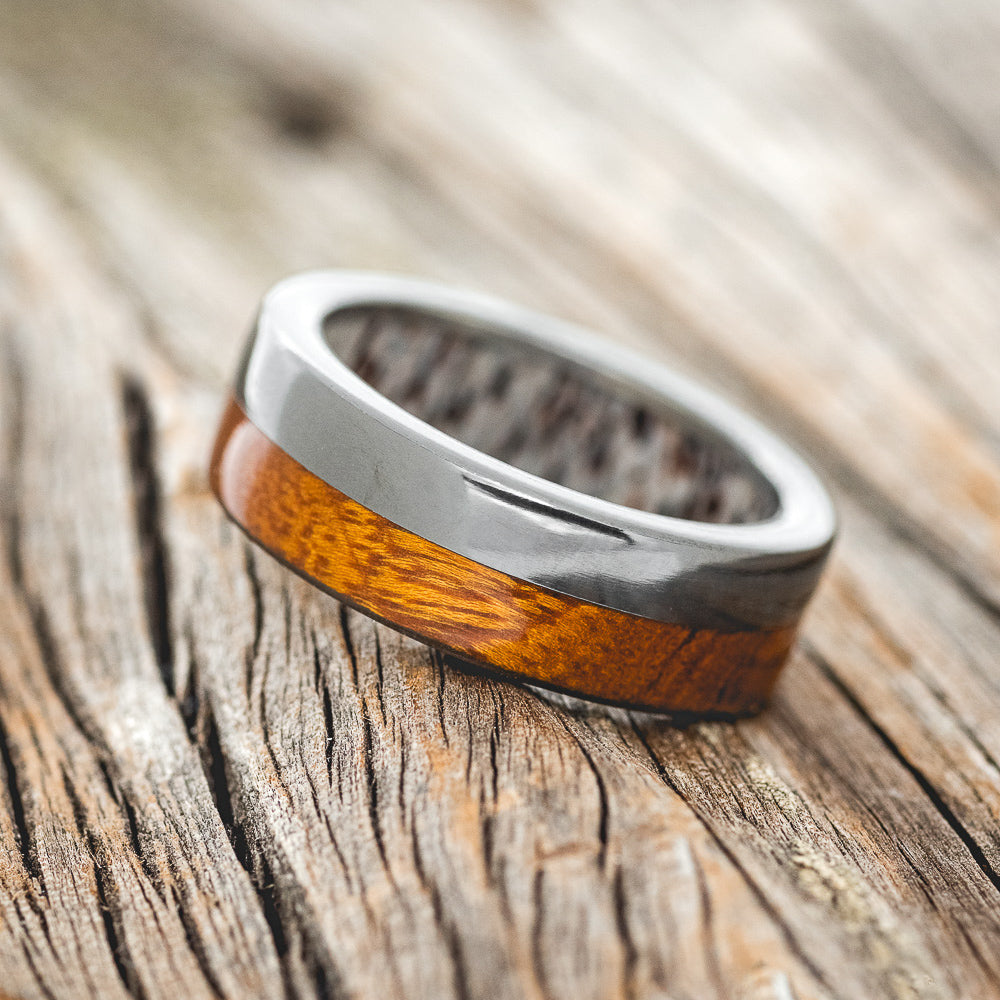 "LEDGER" - IRONWOOD WEDDING RING FEATURING AN ANTLER LINED BLACK ZIRCONIUM BAND-3