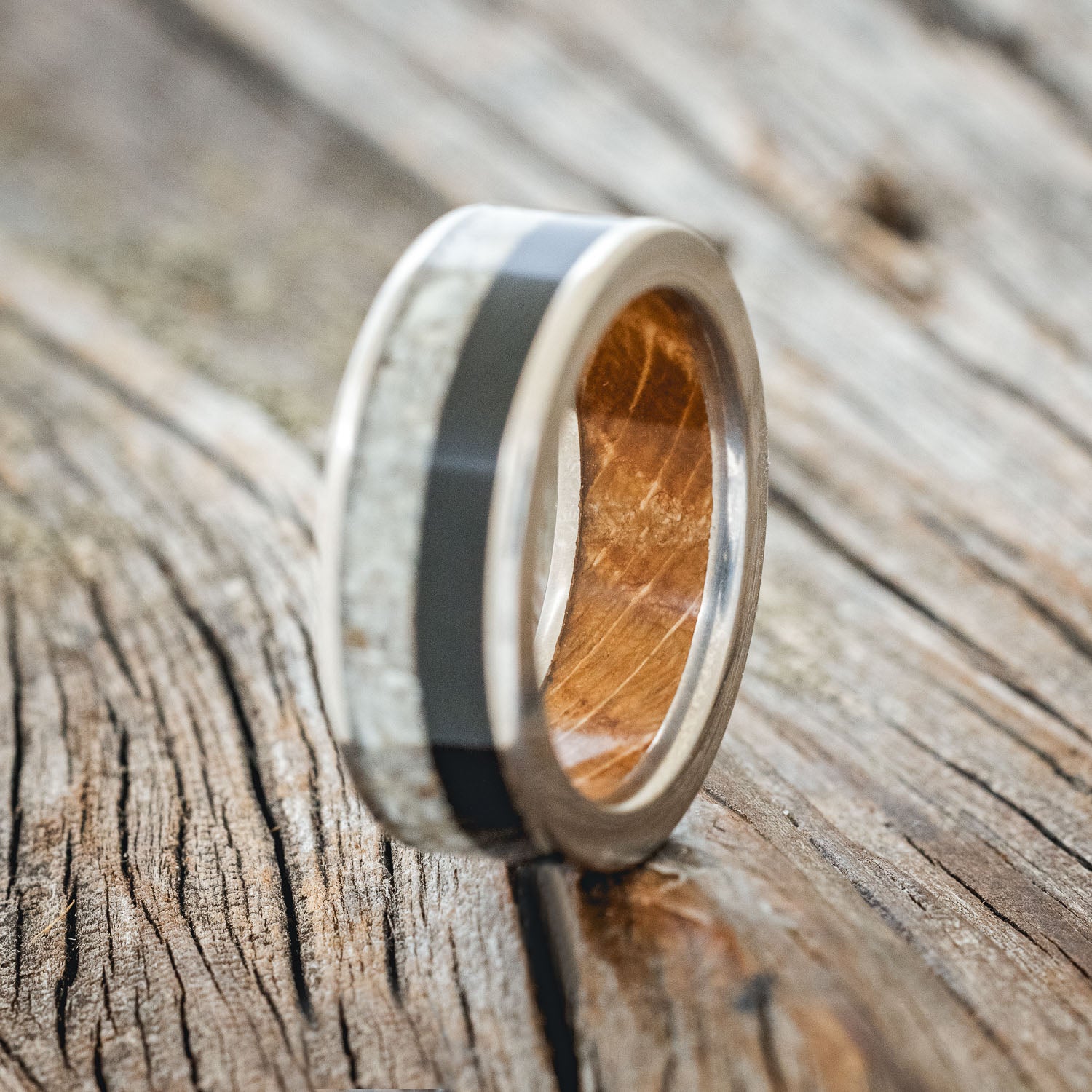 "FLYNN" - ELK TOOTH & CHARRED WHISKEY BARREL OAK WEDDING RING WITH WHISKEY BARREL LINED BAND-2