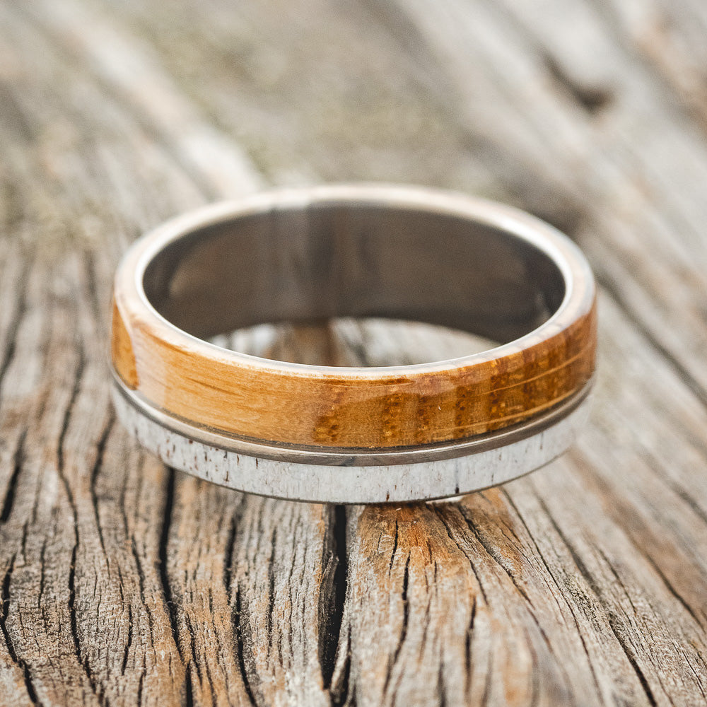 "GOLDEN" - WHISKEY BARREL OAK & ANTLER WEDDING BAND - READY TO SHIP-3