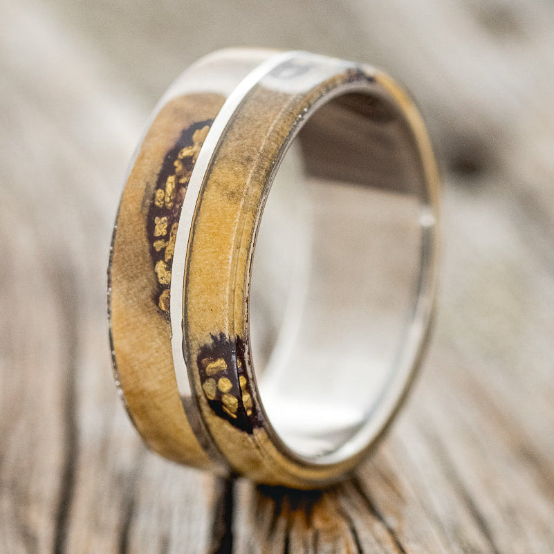 "GOLDEN" - BUCKEYE BURL WOOD & ALASKAN PANNED GOLD NUGGETS WEDDING RING - READY TO SHIP-5