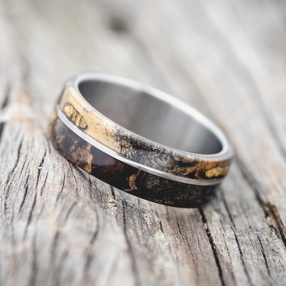 "GOLDEN" - BUCKEYE BURL WOOD & ALASKAN PANNED GOLD NUGGETS WEDDING RING-2