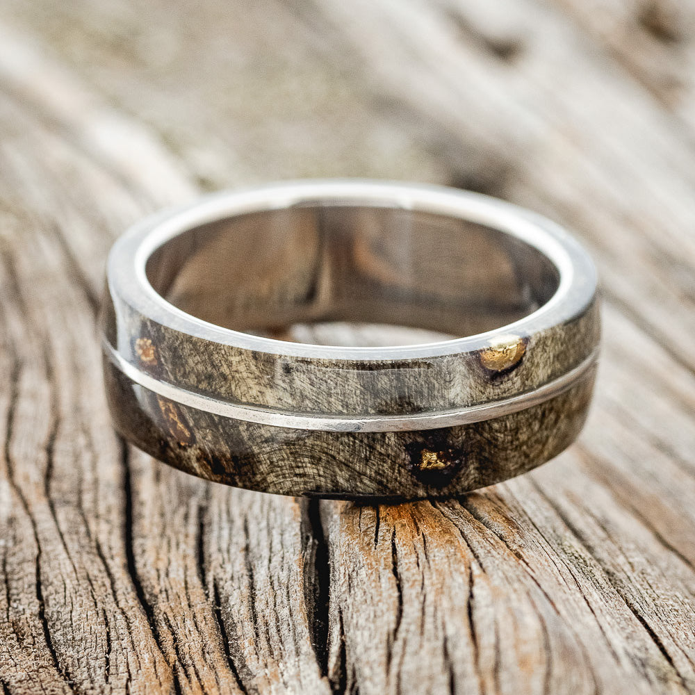 "GOLDEN" - BUCKEYE BURL WOOD & ALASKAN PANNED GOLD NUGGETS WEDDING RING-19