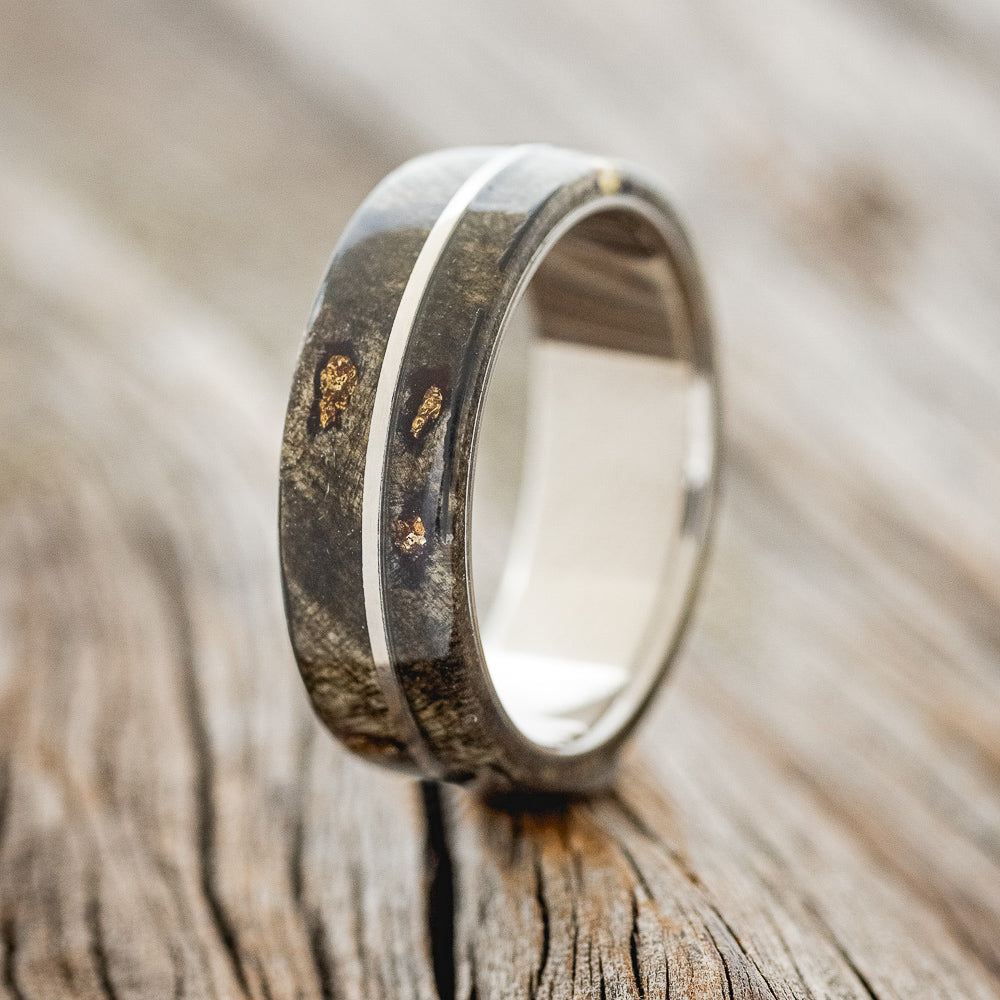 "GOLDEN" - BUCKEYE BURL WOOD & ALASKAN PANNED GOLD NUGGETS WEDDING RING-17