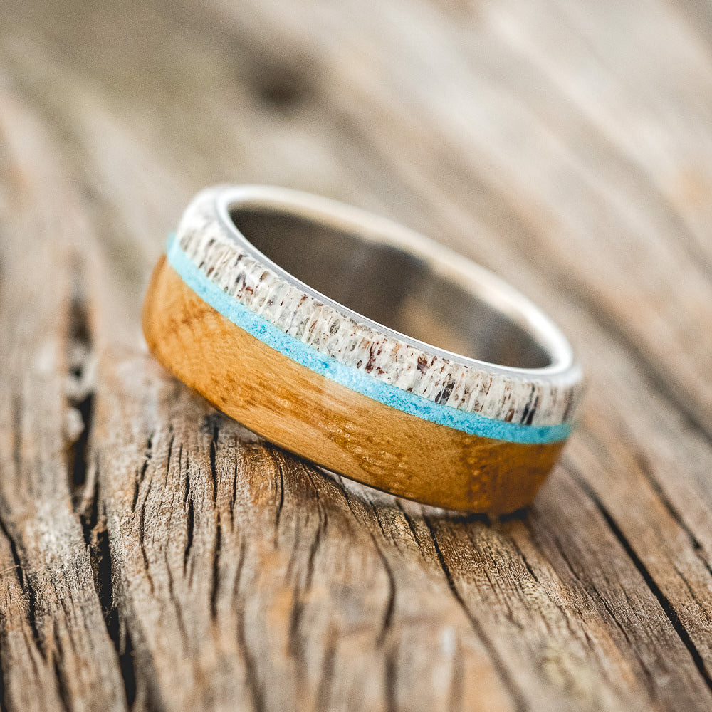 "ARGOS" - WHISKEY BARREL OAK, TURQUOISE & ANTLER WEDDING BAND - READY TO SHIP-2