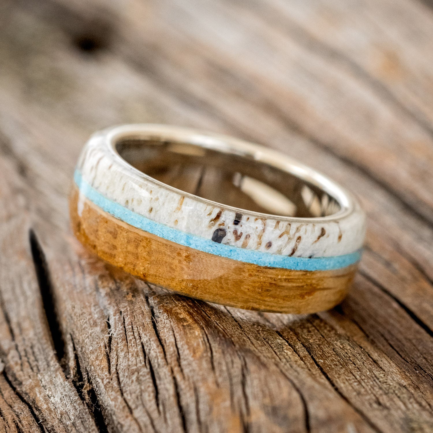 "ARGOS" - WHISKEY BARREL OAK, TURQUOISE & ANTLER WEDDING BAND-11