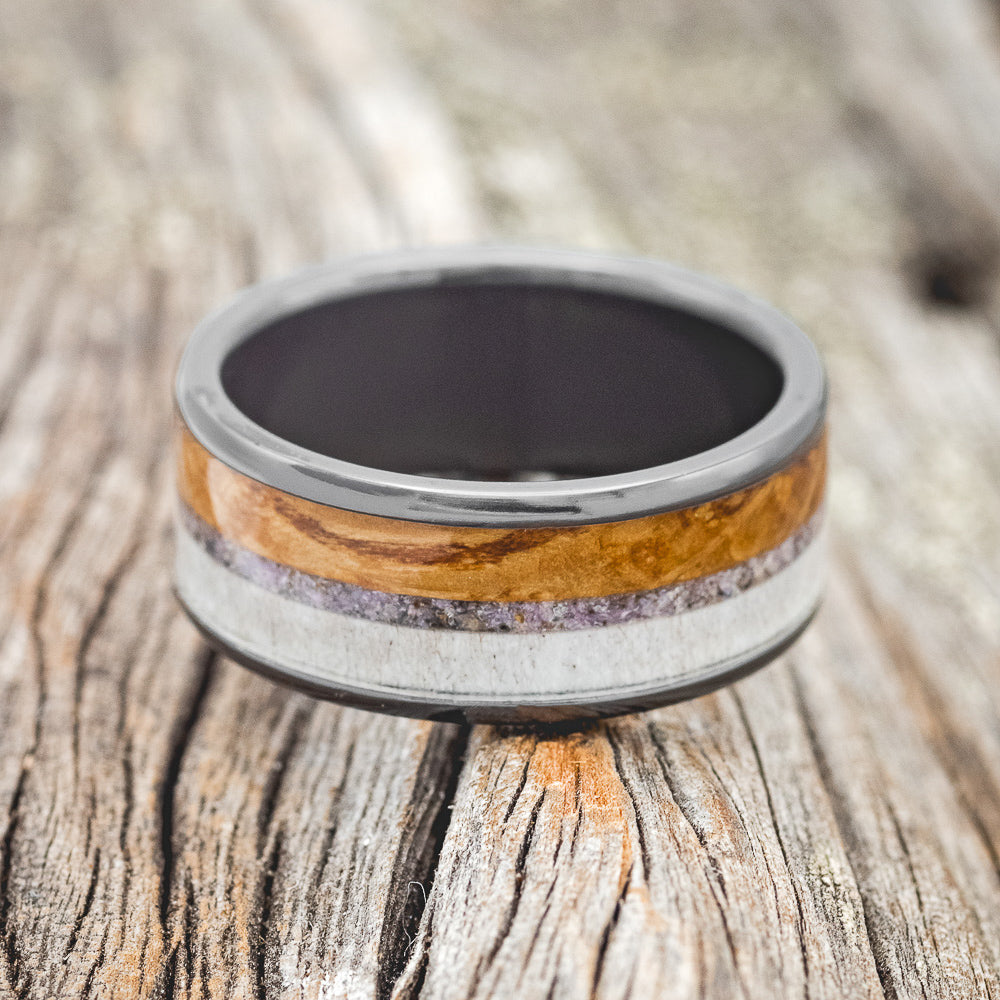 "RAINIER" - CHAROITE STONE, ELK ANTLER & WHISKEY BARREL OAK WEDDING BAND-6