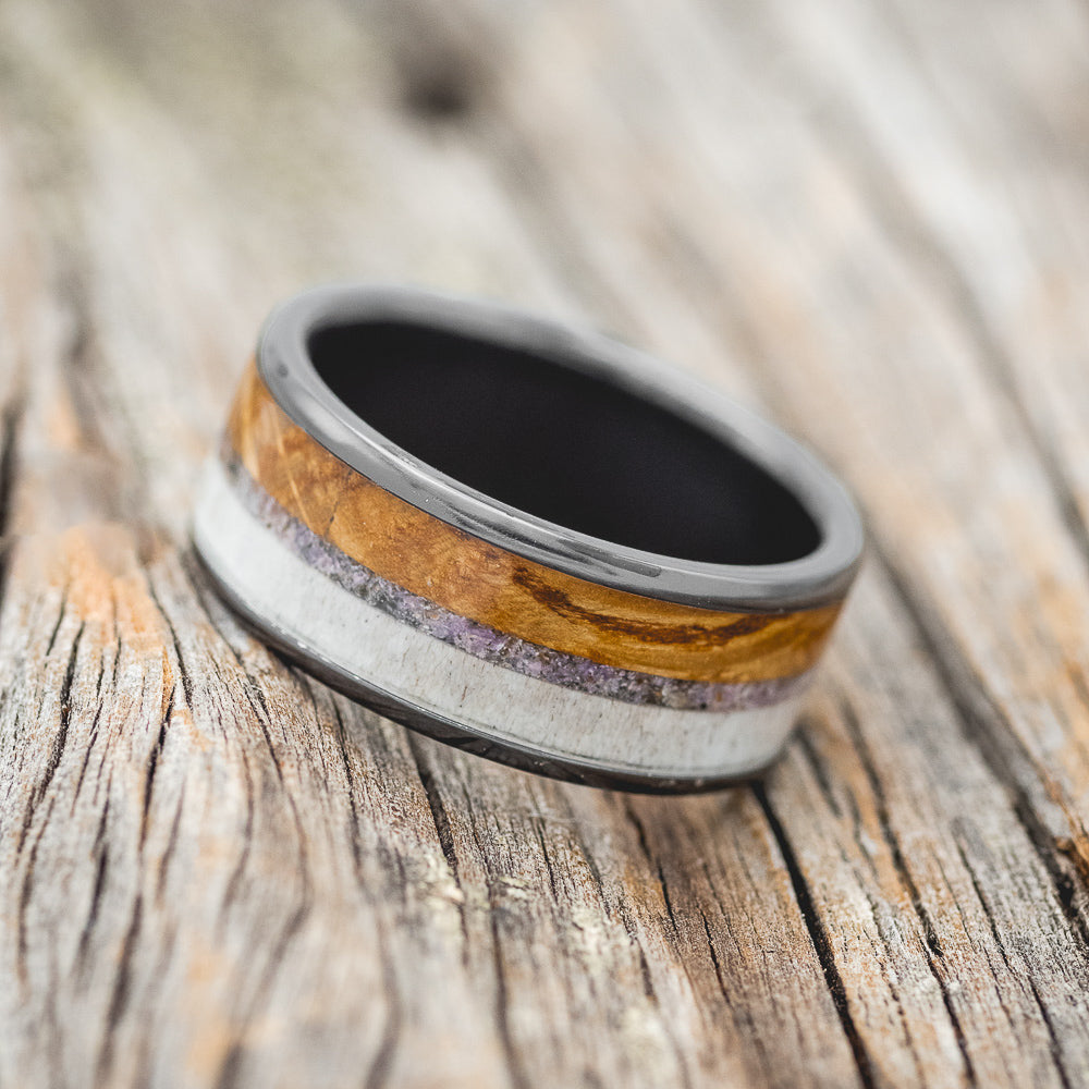 "RAINIER" - CHAROITE STONE, ELK ANTLER & WHISKEY BARREL OAK WEDDING BAND-5