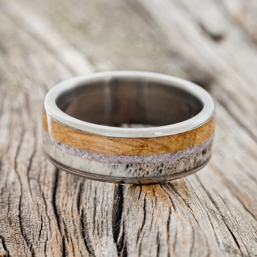 "RAINIER" - CHAROITE STONE, ELK ANTLER & WHISKEY BARREL OAK WEDDING BAND-3
