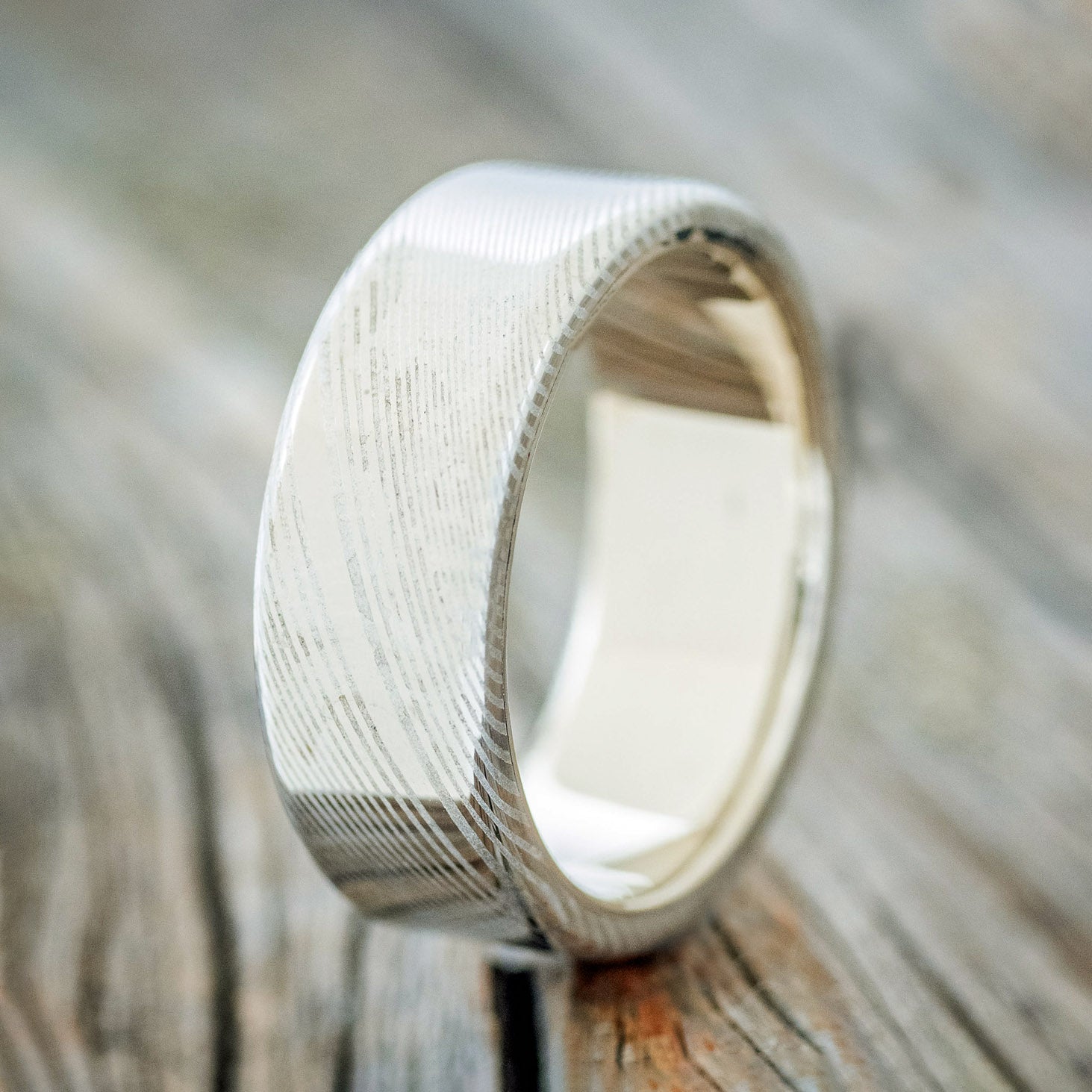 "VULCAN" - DAMASCUS STEEL WEDDING BAND WITH 14K GOLD LINING-9