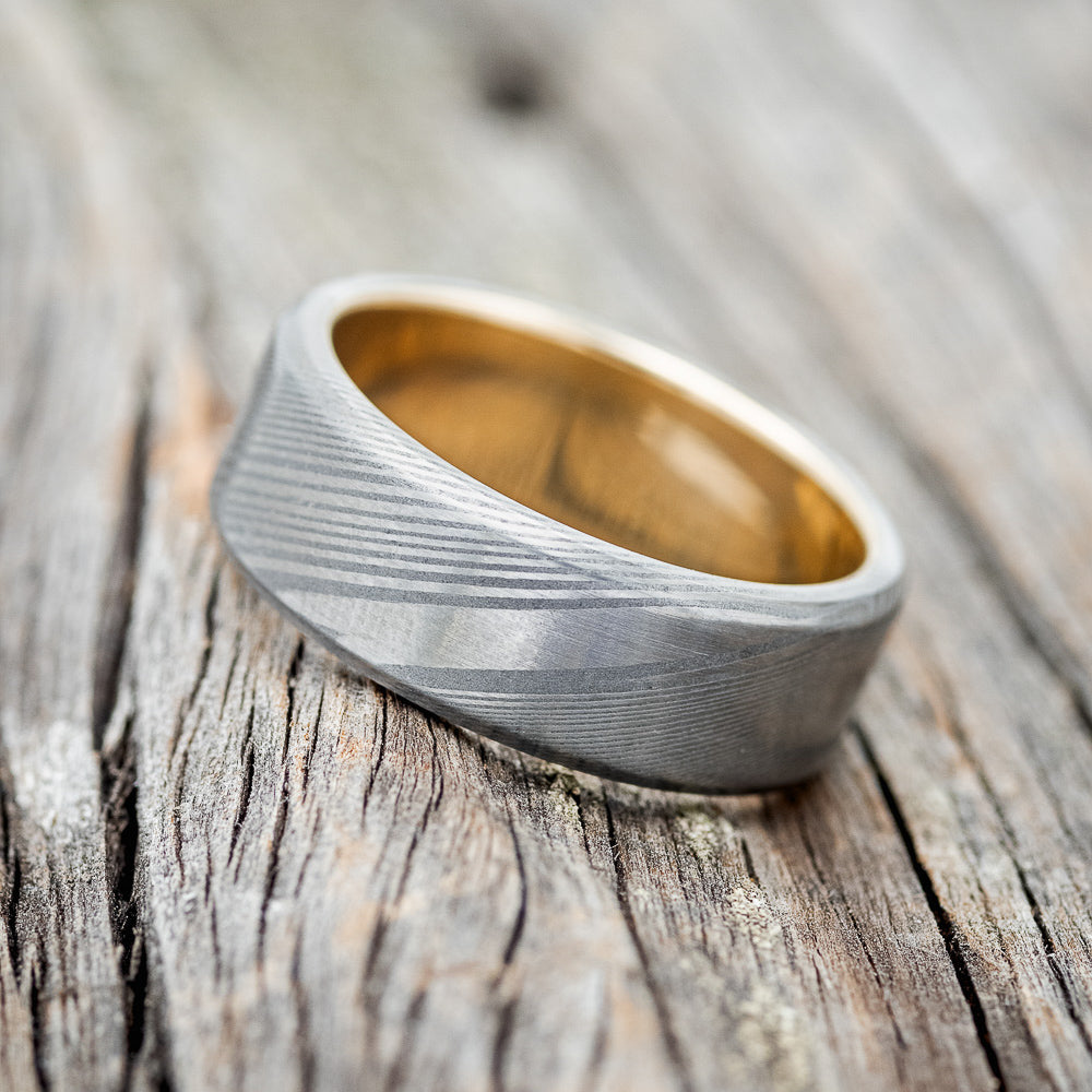 "VULCAN" - DAMASCUS STEEL WEDDING BAND WITH 14K GOLD LINING-2