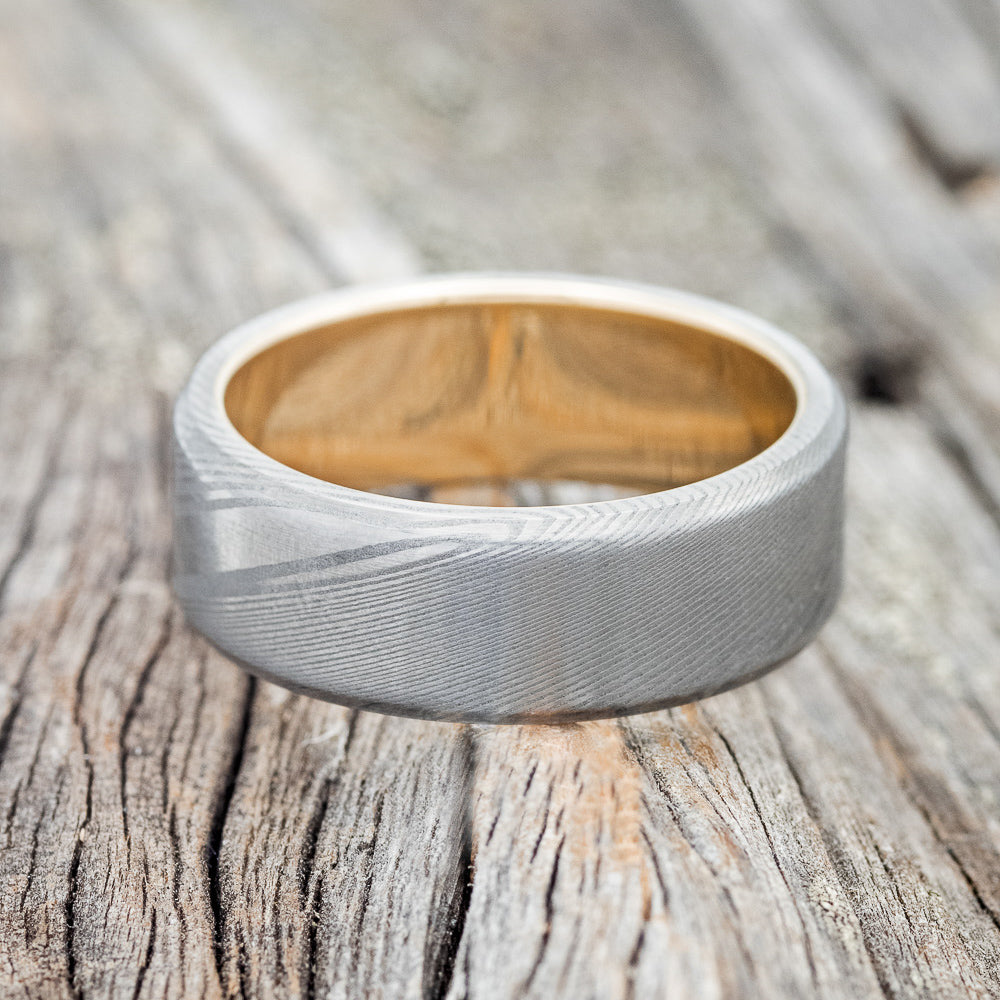 "VULCAN" - DAMASCUS STEEL WEDDING BAND WITH 14K GOLD LINING-4