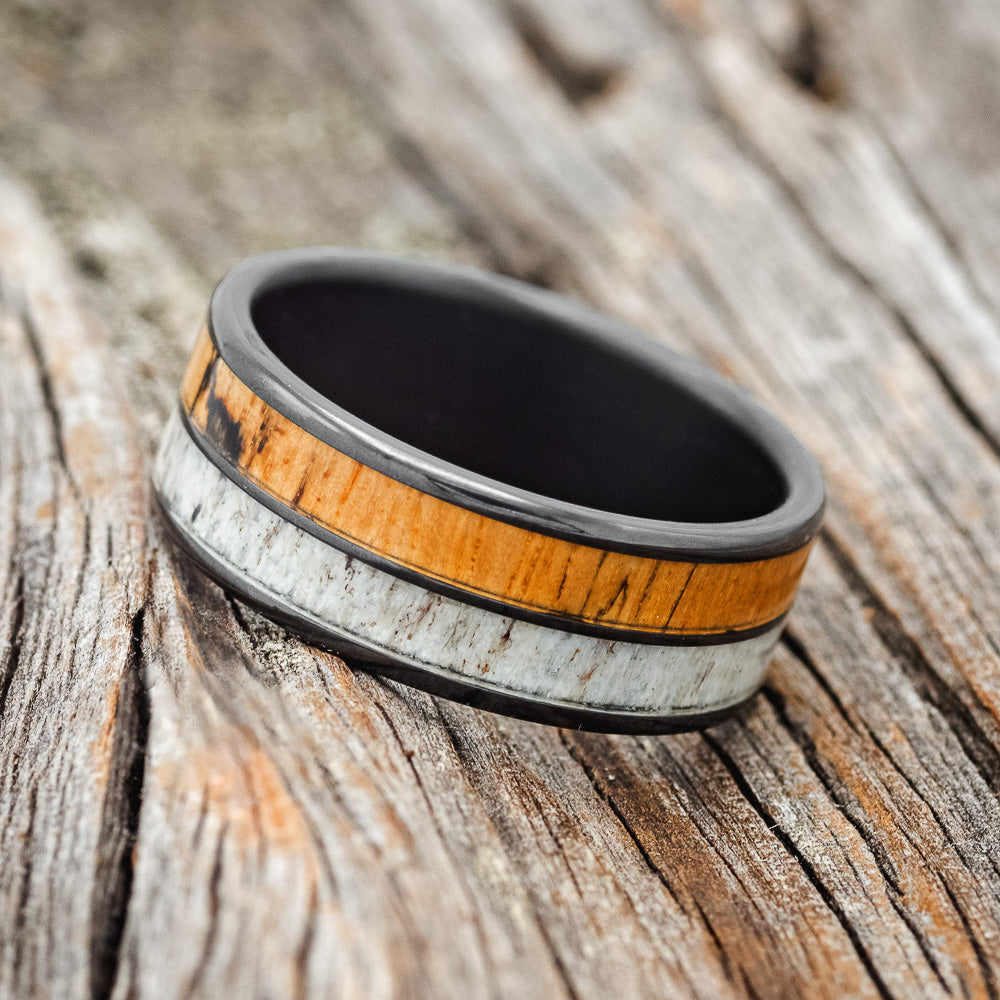 "DYAD" - SPALTED MAPLE & ANTLER WEDDING BAND-8