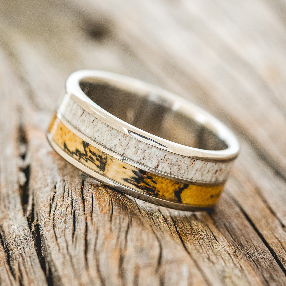"DYAD" - SPALTED MAPLE & ANTLER WEDDING BAND-2