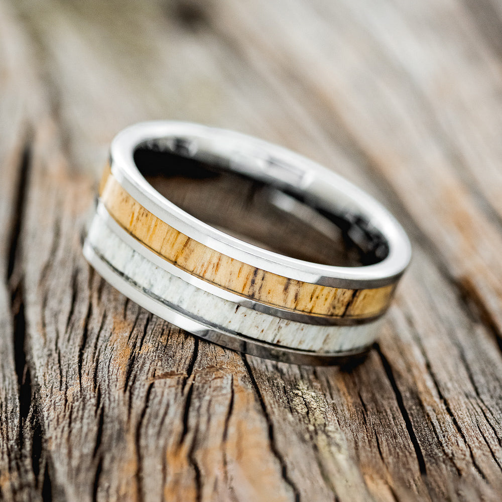 "DYAD" - SPALTED MAPLE & ANTLER WEDDING BAND-5