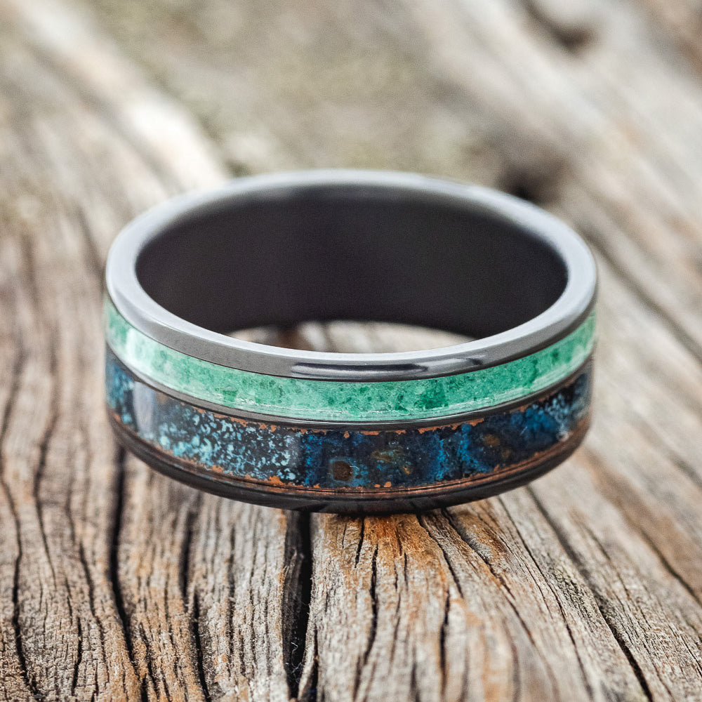 "RAPTOR" - PATINA COPPER & MALACHITE WEDDING BAND - READY TO SHIP-6