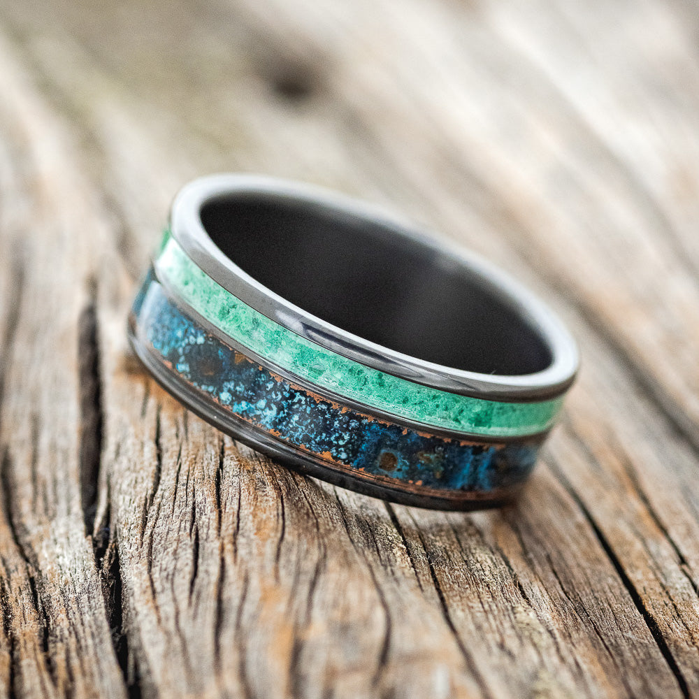 "RAPTOR" - PATINA COPPER & MALACHITE WEDDING BAND-5