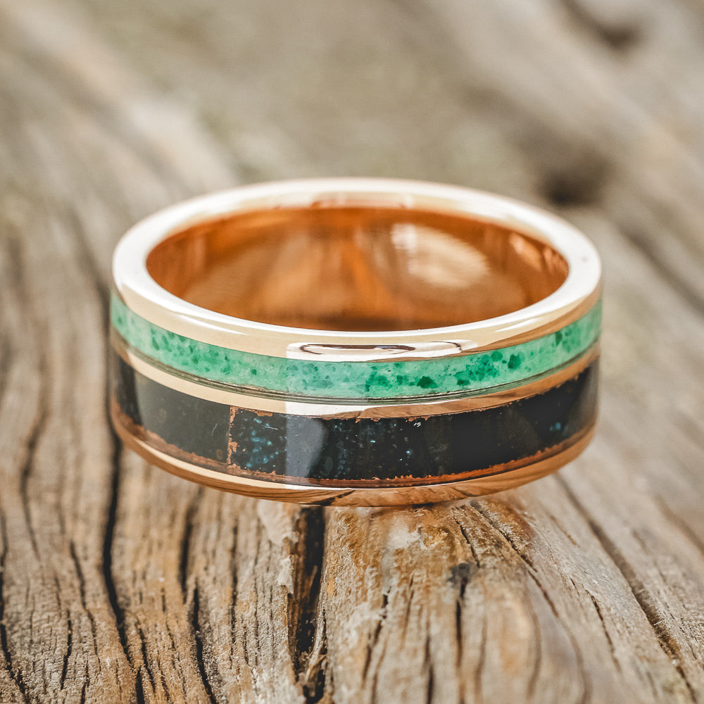 "RAPTOR" - PATINA COPPER & MALACHITE WEDDING BAND-15