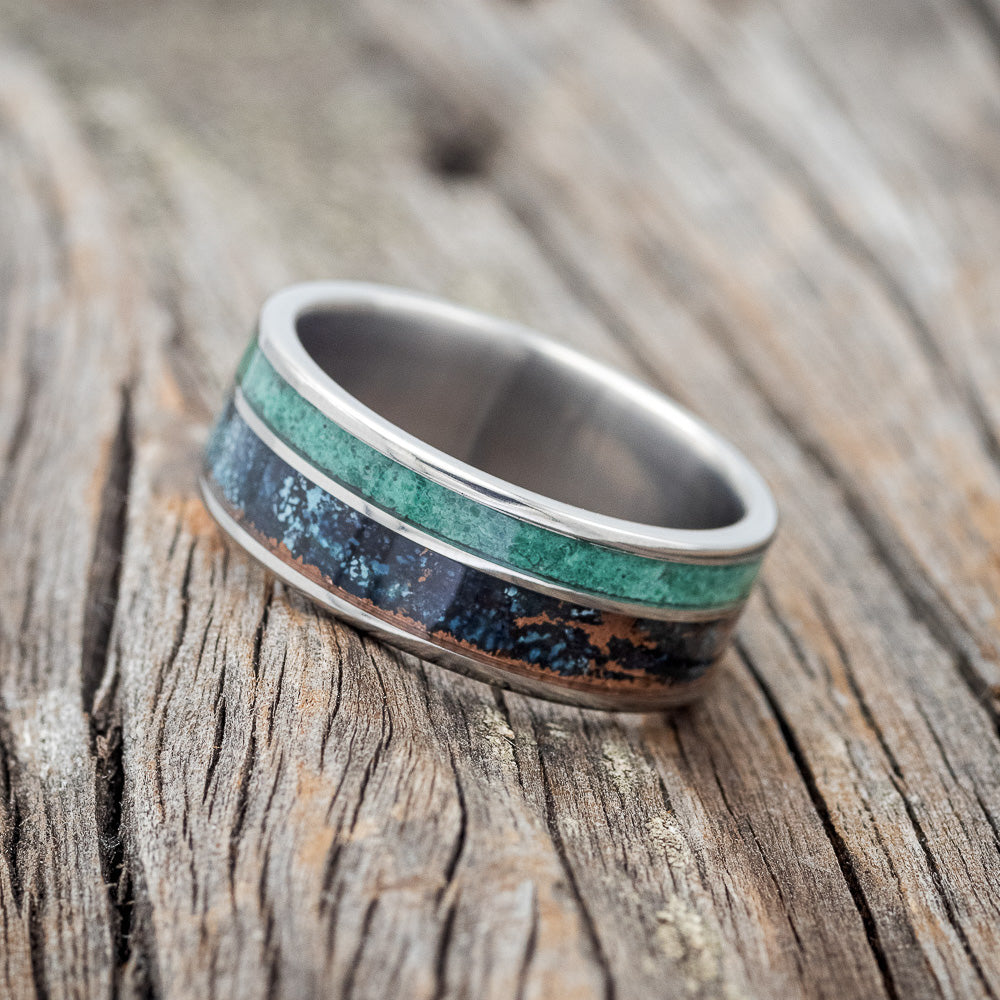 "RAPTOR" - PATINA COPPER & MALACHITE WEDDING BAND-2