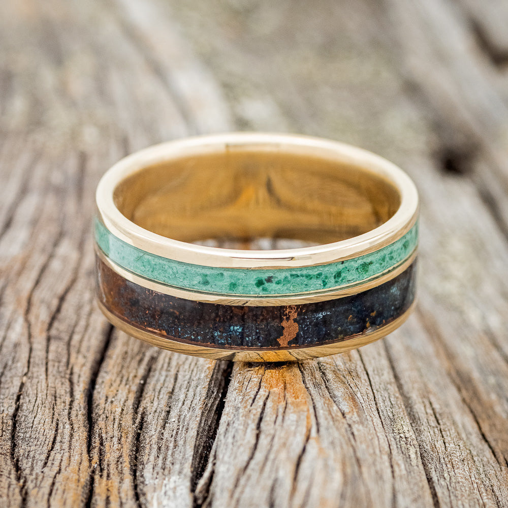 "RAPTOR" - PATINA COPPER & MALACHITE WEDDING BAND-12
