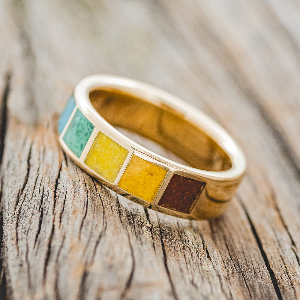 PRIDE WEDDING BAND WITH SUGILITE, TURQUOISE, MALACHITE, ORPIMENT & JASPER INLAYS-2